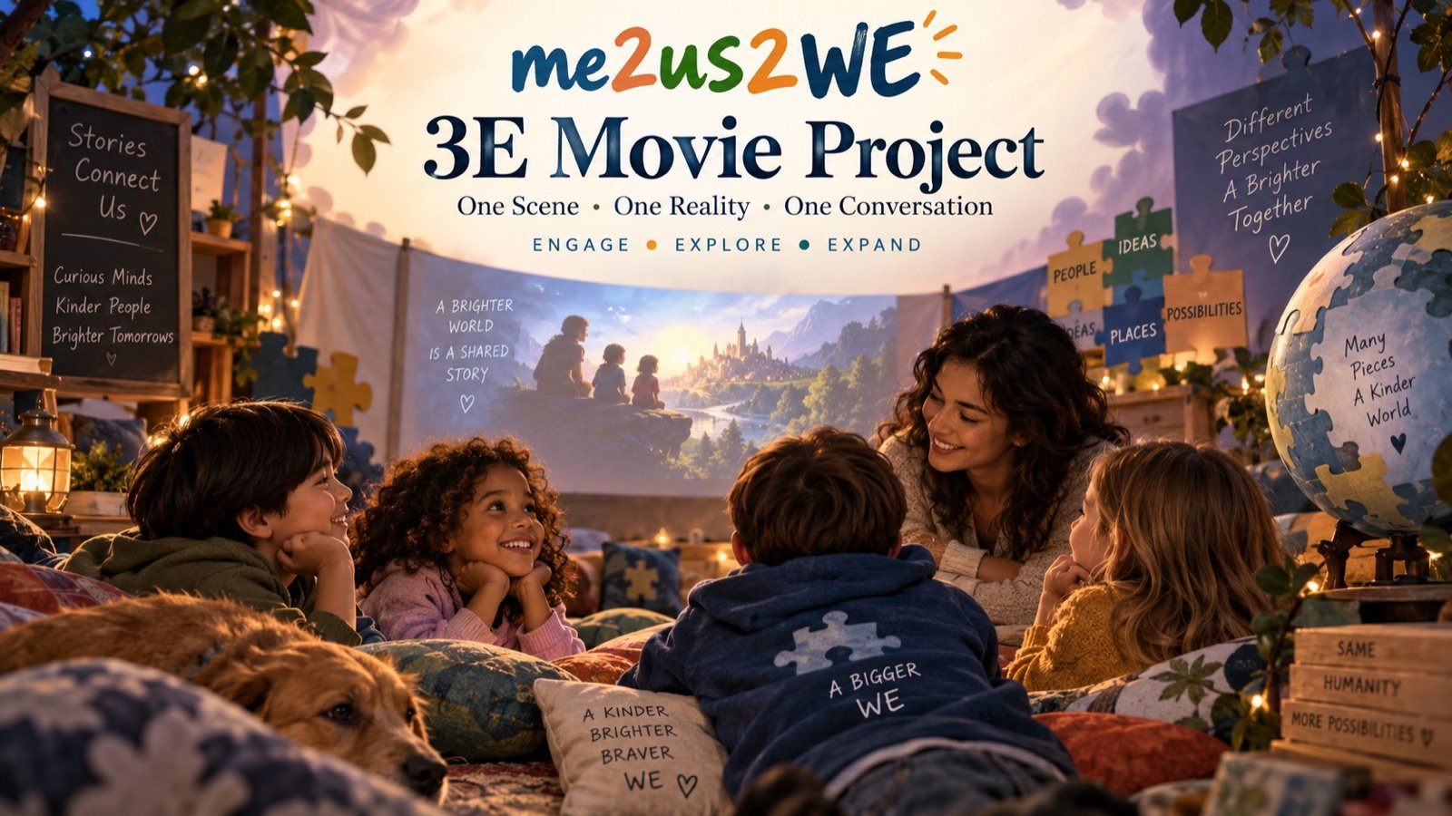 3E Movie Project — 一群孩子和一位大人窩在戶外電影銀幕前,一起看、一起說